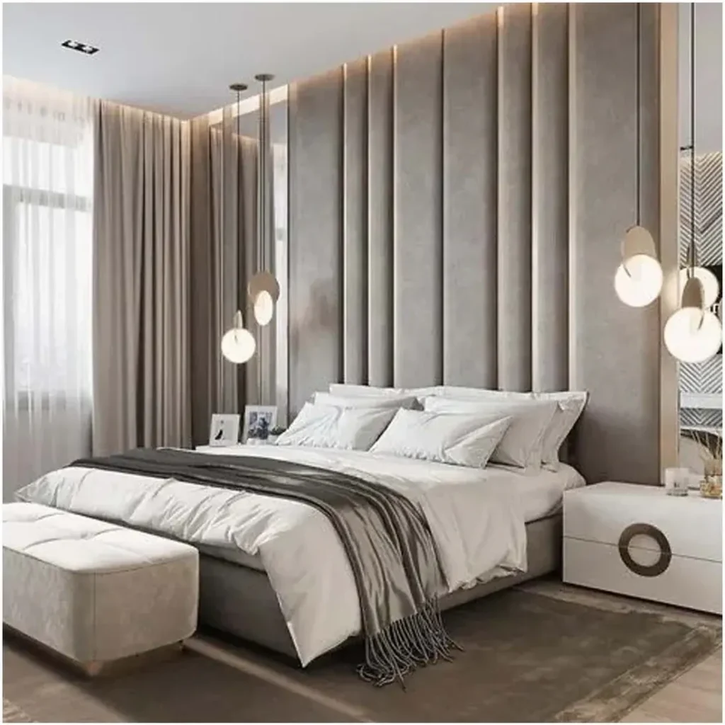 Custom wall panels installed behind a matching bed frame and headboard, showing a coordinated bedroom design.