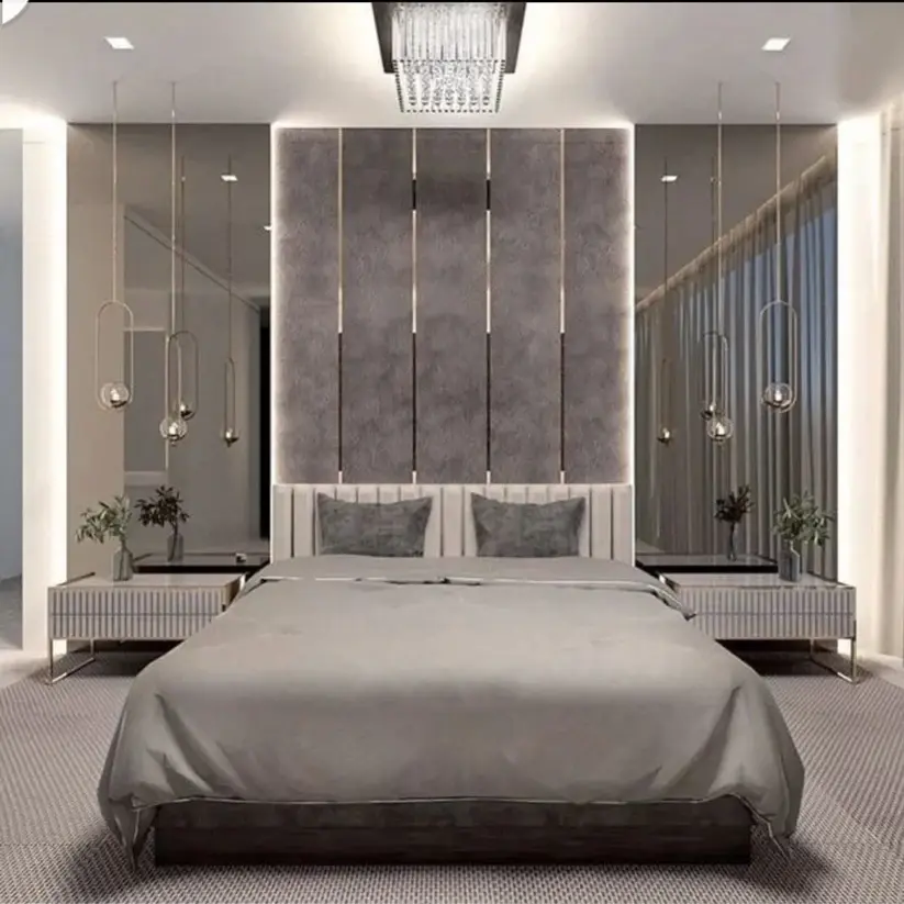 “Custom upholstered wall panels installed in a finished interior space.