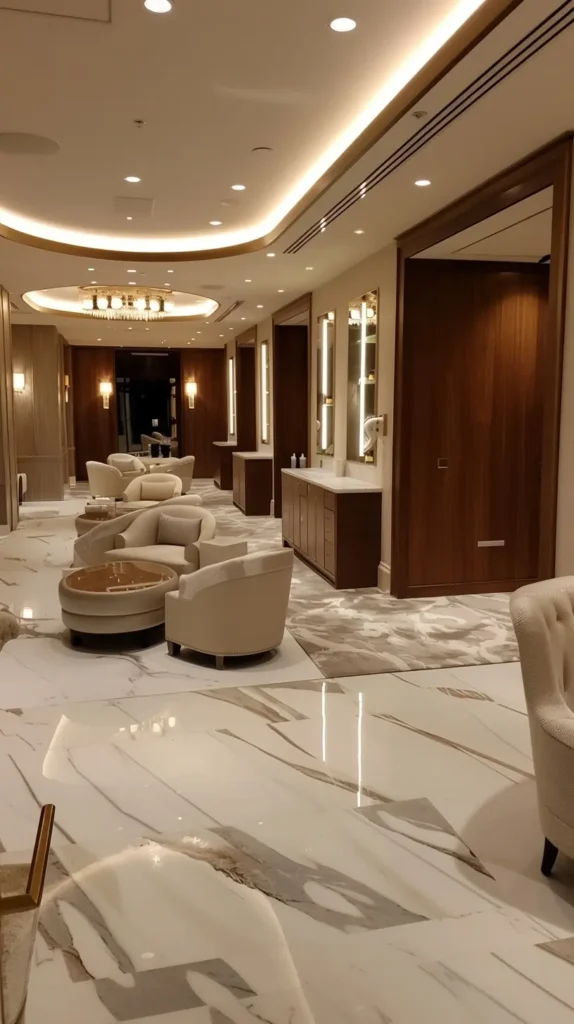 Custom upholstered seating in a high‑end hotel or executive lobby, showing a finished luxury hospitality interior.