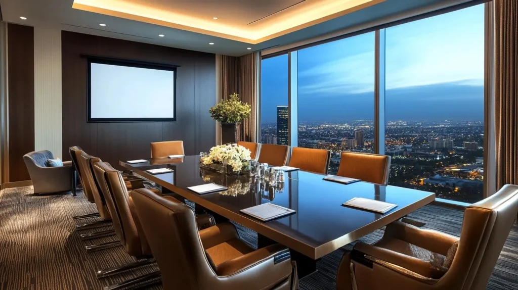Commercial office chairs arranged around a meeting table in a modern workspace.
