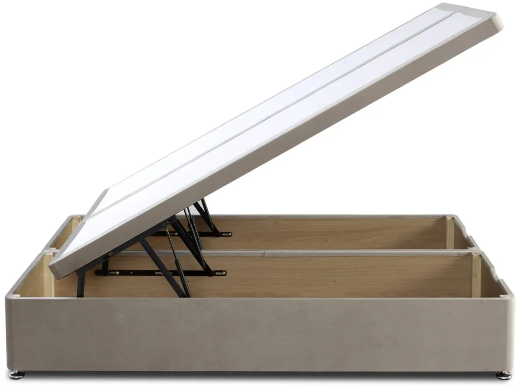 Side view of an upholstered storage bed showing the lift‑up mechanism raised to reveal the interior compartment.