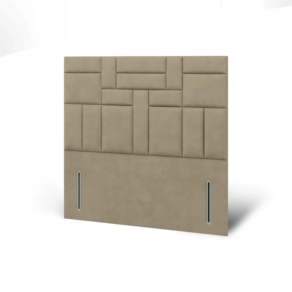 Finished upholstered geometric panel headboard installed in a modern bedroom.