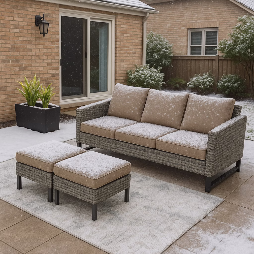 Outdoor lounge chairs with patterned cushions arranged beside a pool, showing a high‑end setting for outdoor cushion replacement.