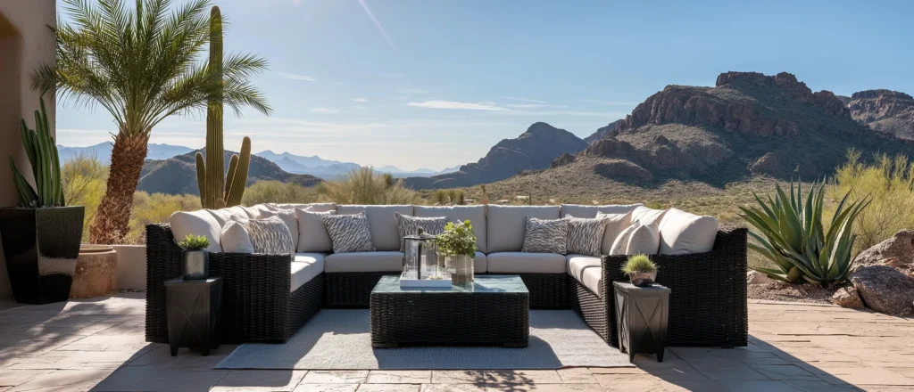 Outdoor patio sectional with light cushions, patterned throw pillows, and a glass‑top table overlooking desert mountains.
