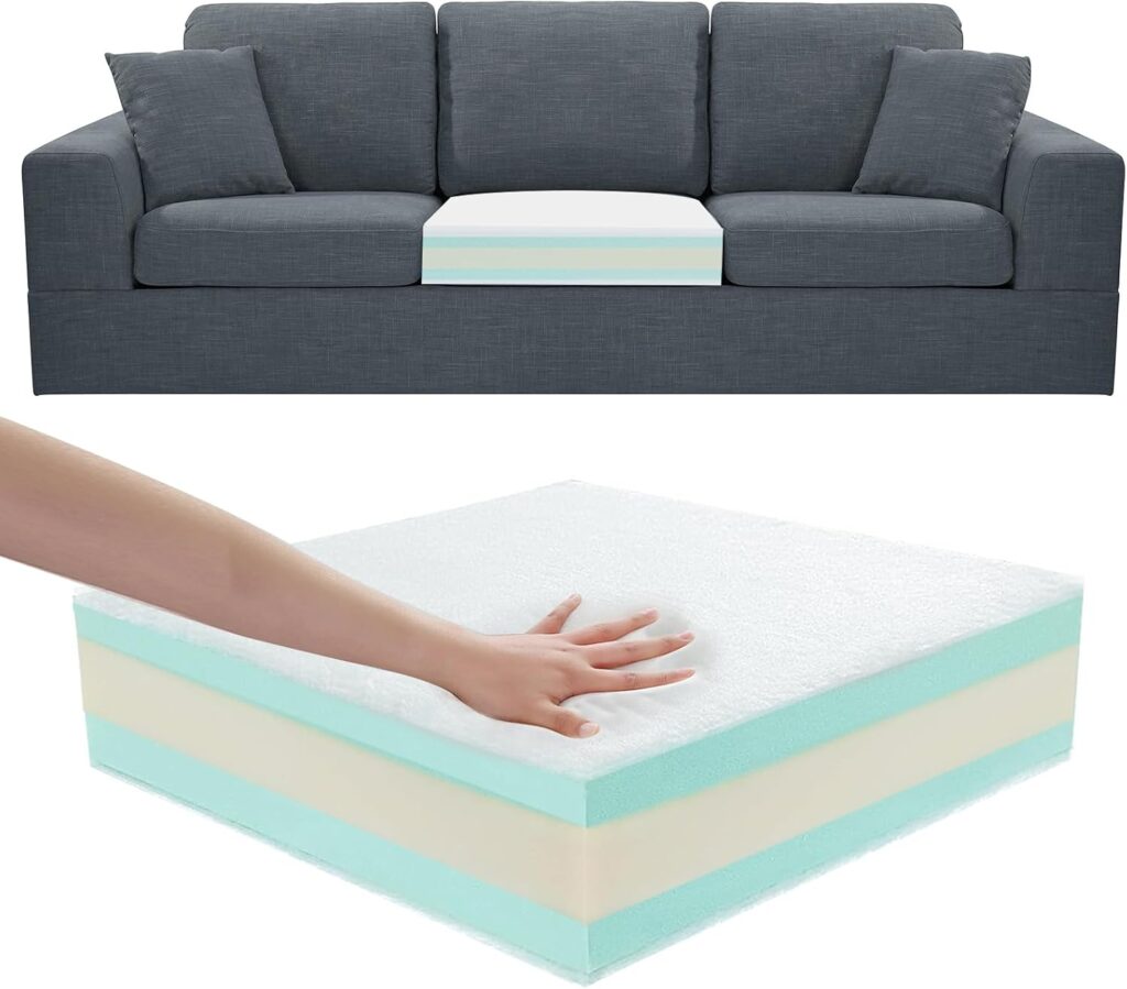 Layered foam cushion with white, blue, and beige foam sections exposed in a cutaway view