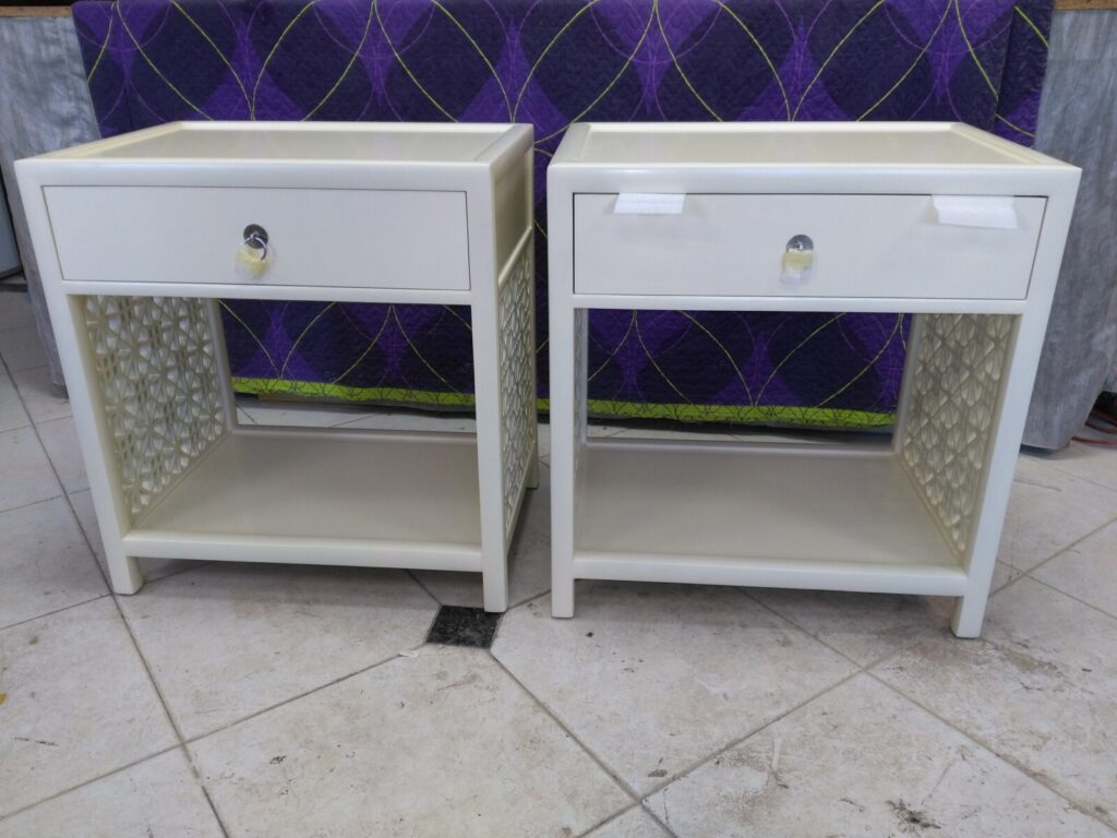 Pair of Baker nightstands fully refinished and completed in the workshop.