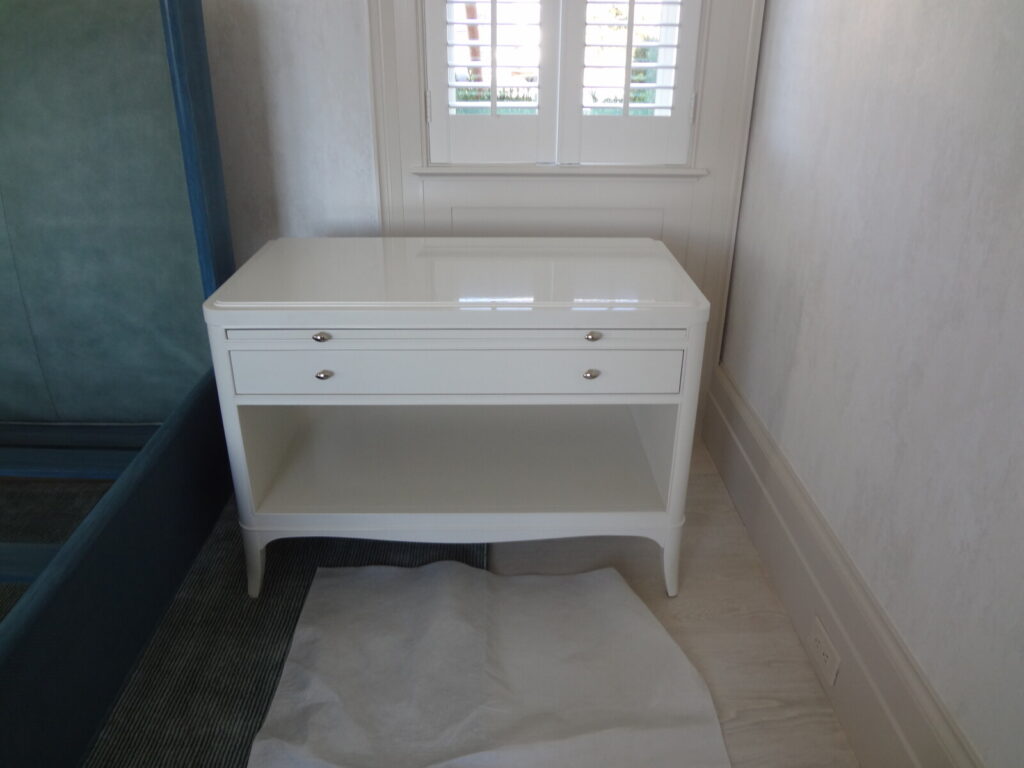 custom white lacquer barbara barry bedside table after