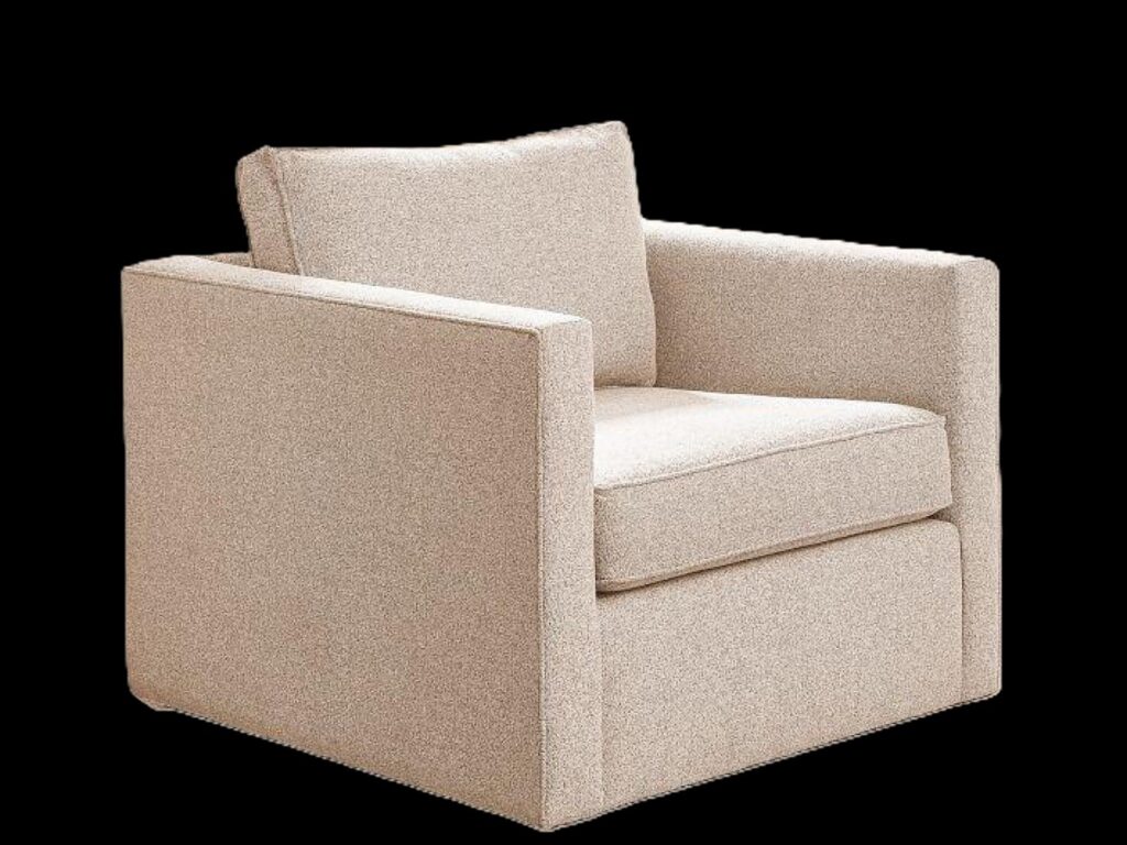 Handcrafted modern sofa featuring premium off-white fabric upholstery, plush oversized back cushions, and sleek natural wood block legs against a solid black background.