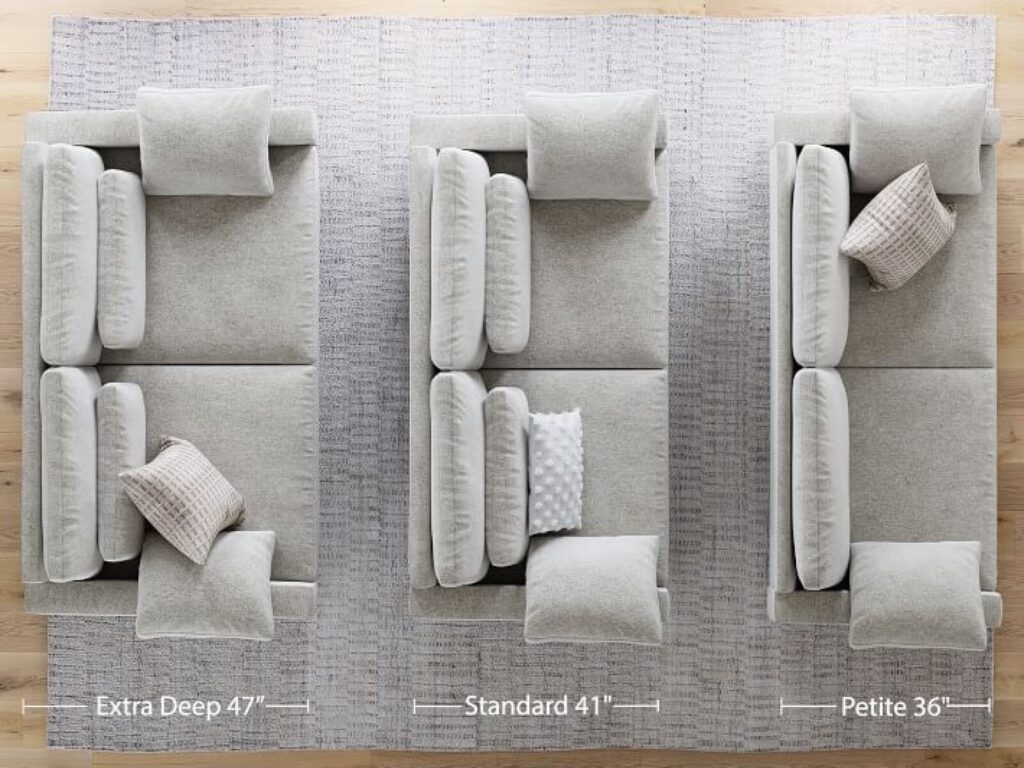 Bespoke sofa fabrication featuring three custom-upholstered sectional pieces with varying seat depths to demonstrate precision furniture design and scale.