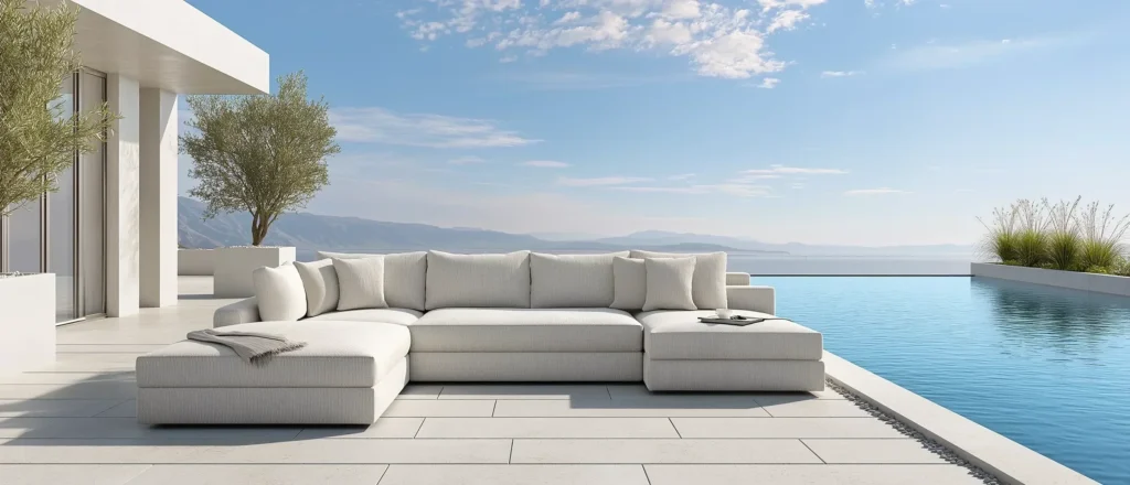 White outdoor sectional sofa beside an infinity pool with potted trees, ornamental grass, and a mountain view under a partly cloudy sky.