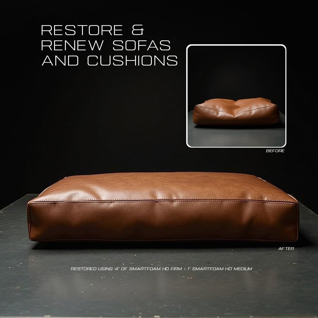 Before‑and‑after comparison showing a worn cushion and a restored cushion against a black background.