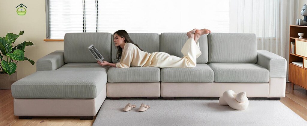 Person lying on an L‑shaped sectional sofa while testing the cushions in a bright living room.