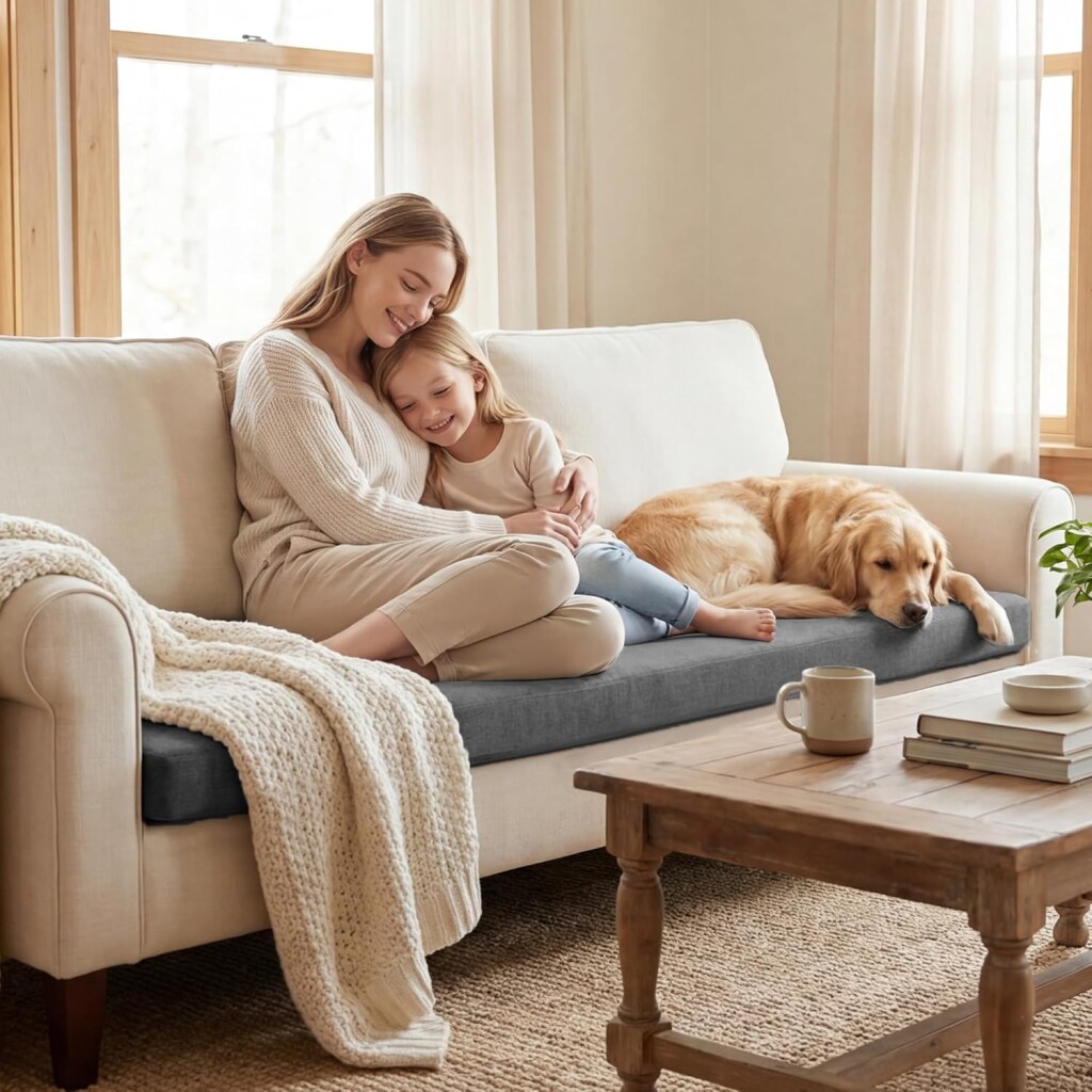 Finished replacement foam cushion inserts installed in a light‑colored sofa with a person holding a child and a dog beside them.