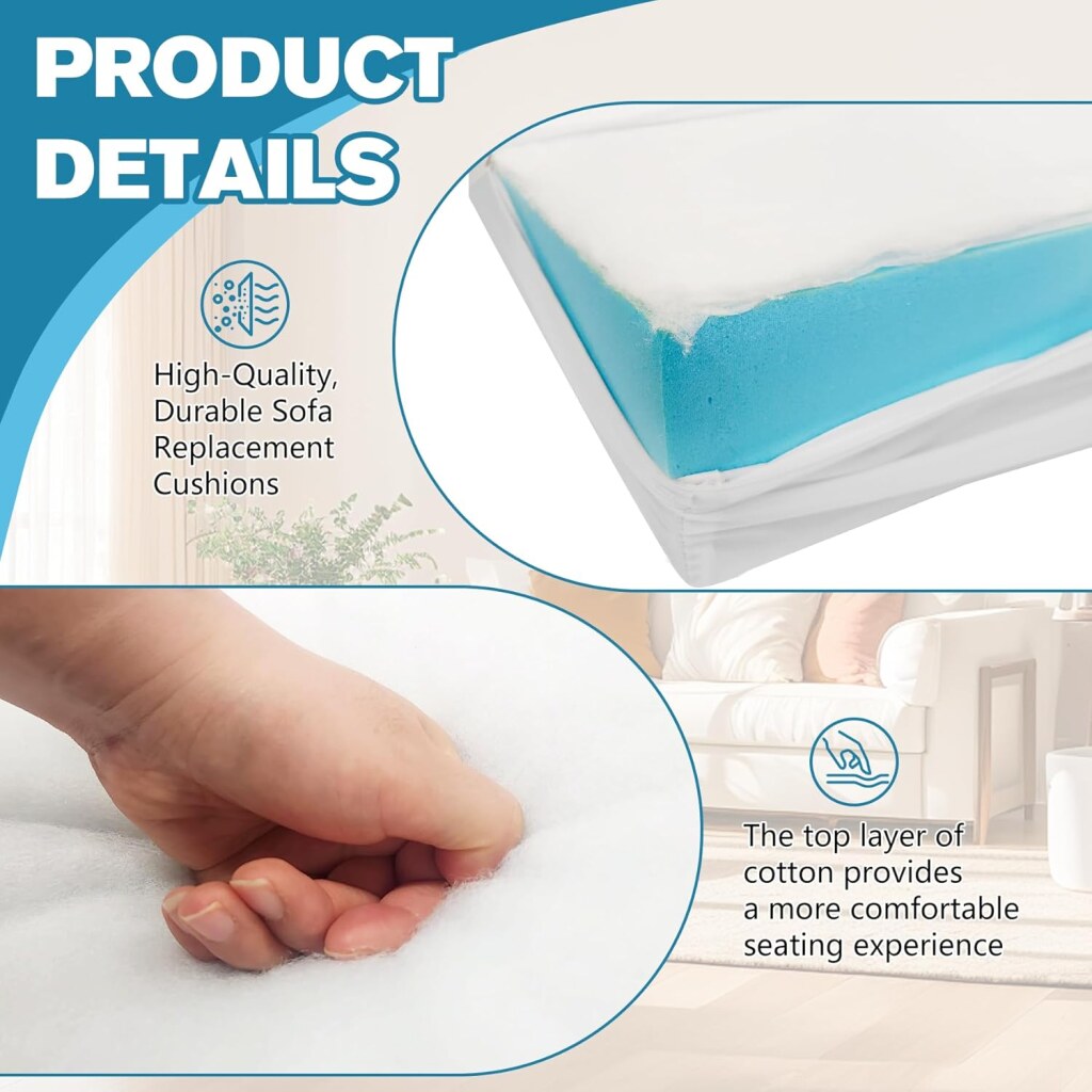 Graphic showing a sofa cushion cross‑section, a hand pressing the cushion surface, and a living room background.