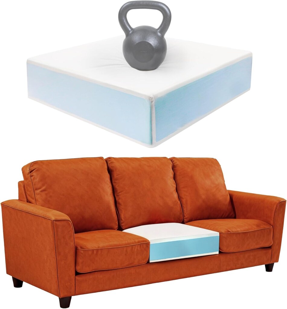 Layered foam cushion with a gray kettlebell placed on top, and a brown three‑seat sofa below with one cushion removed exposing the internal foam insert.