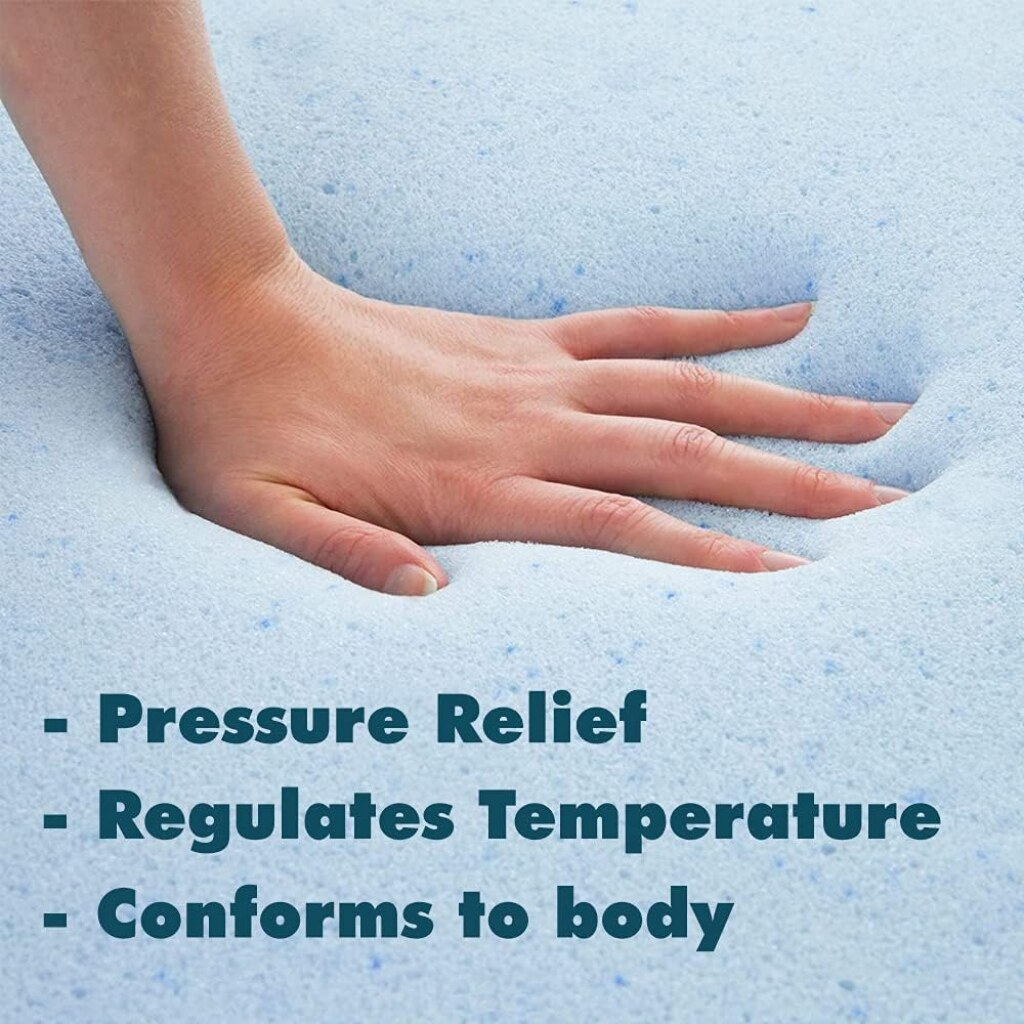 Hand pressing into light blue memory foam with visible indentation and text describing pressure relief, temperature regulation, and body‑conforming properties.