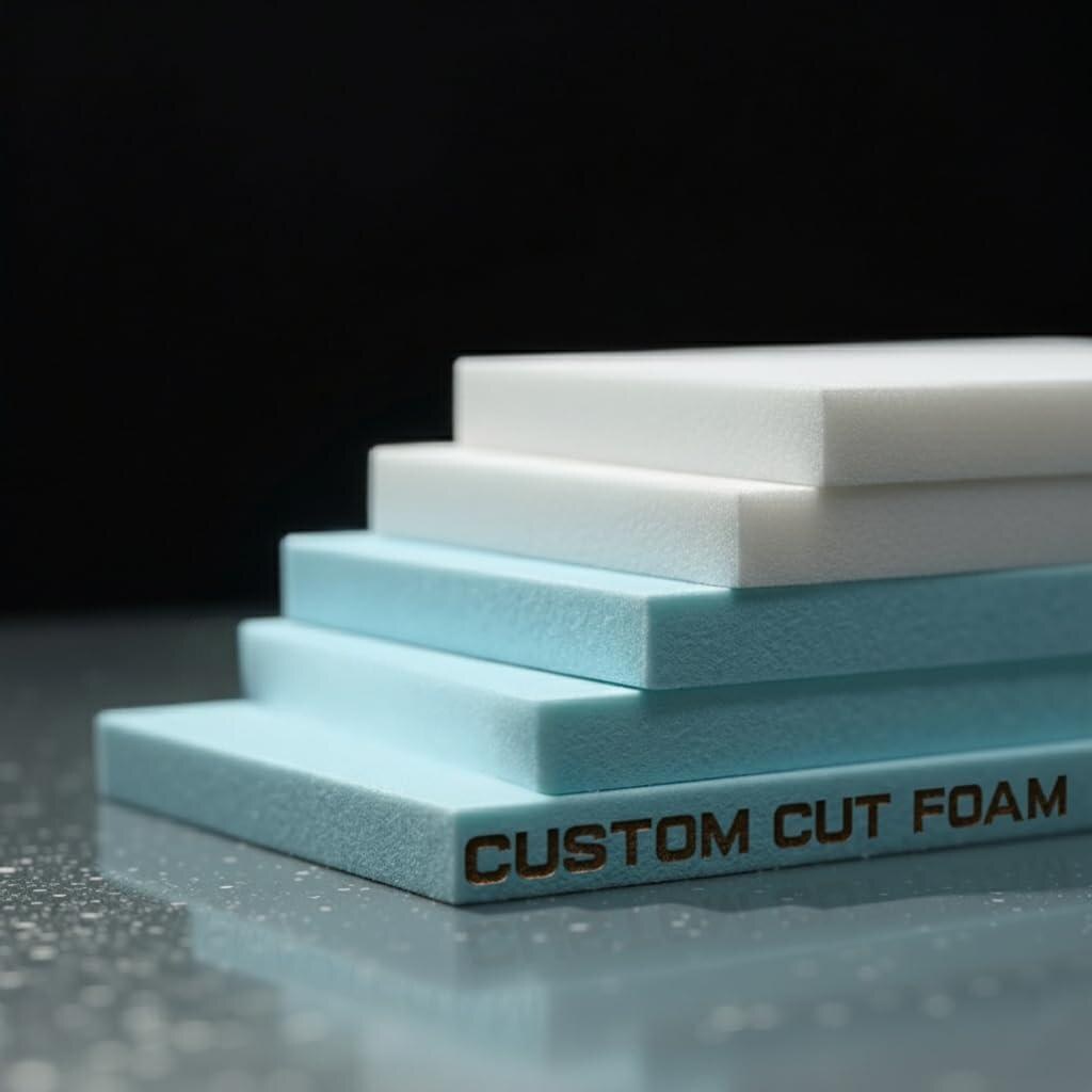 Stepped stack of rectangular foam sheets with white layers on top and light blue layers below, showing different thicknesses and cuts.
