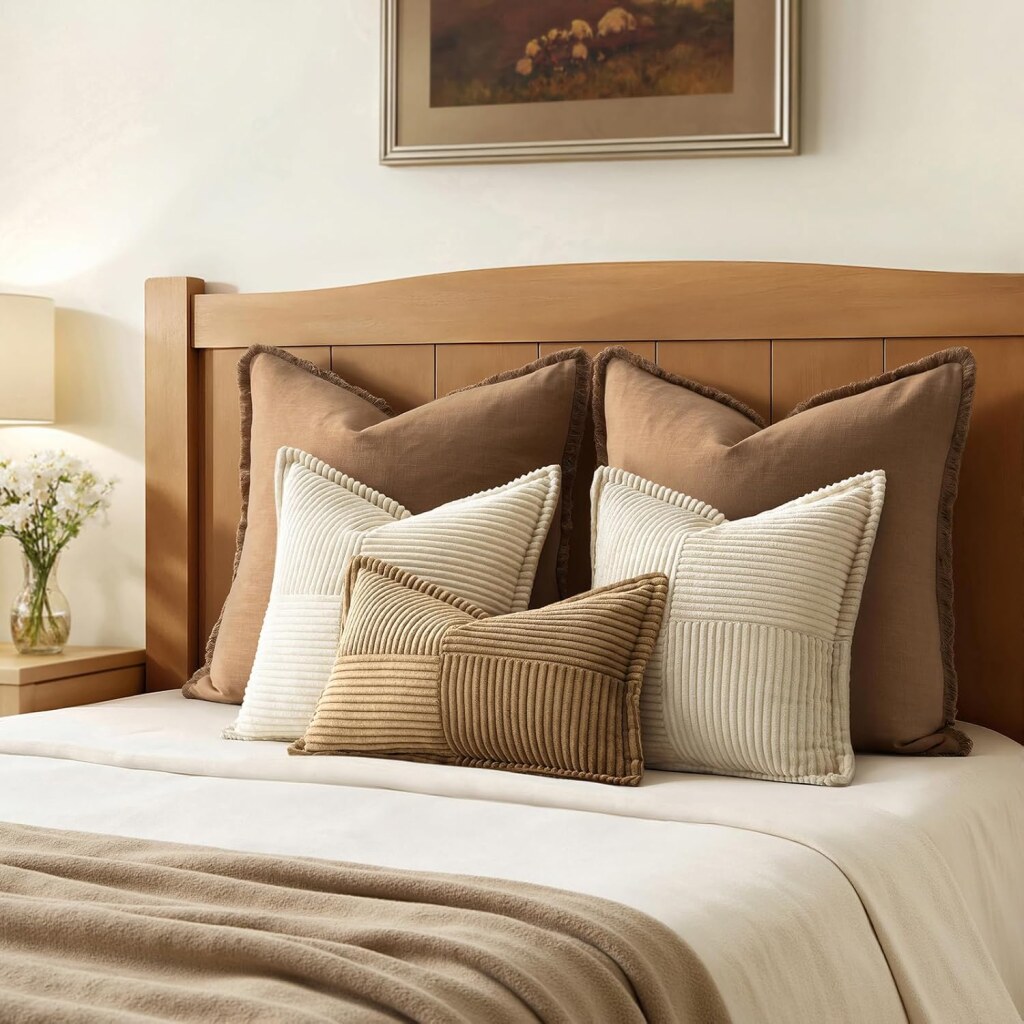 Bed with layered decorative pillows, a wooden headboard, a nightstand with flowers and a lamp, and a framed painting above.