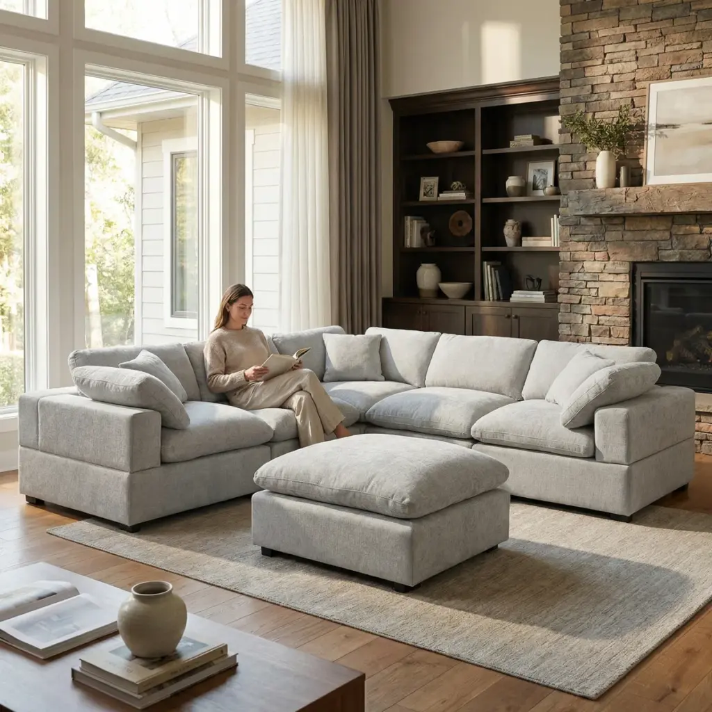 Light‑gray sectional sofa with multiple cushions and a matching ottoman in a modern living room.