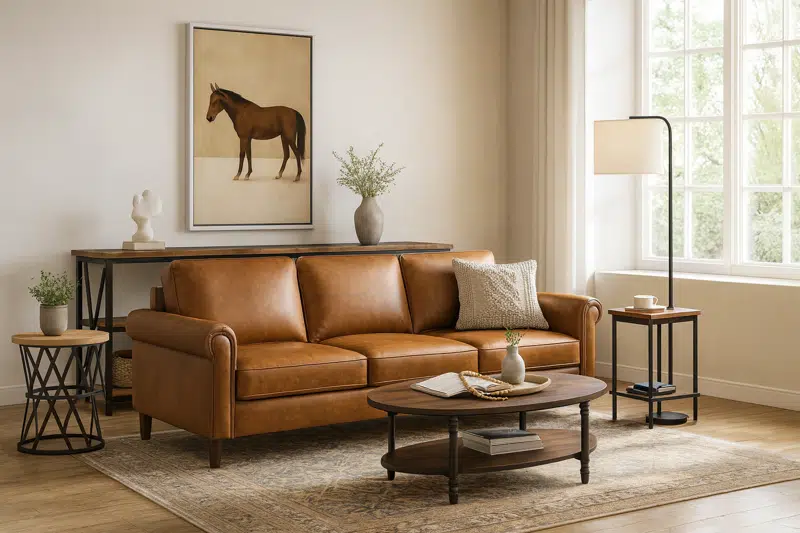 Brown leather sofa with rolled arms and wooden legs in a warm living room