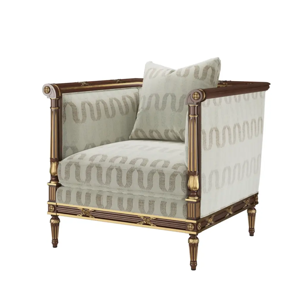 Reupholstered accent chair with new fabric and updated detailing.