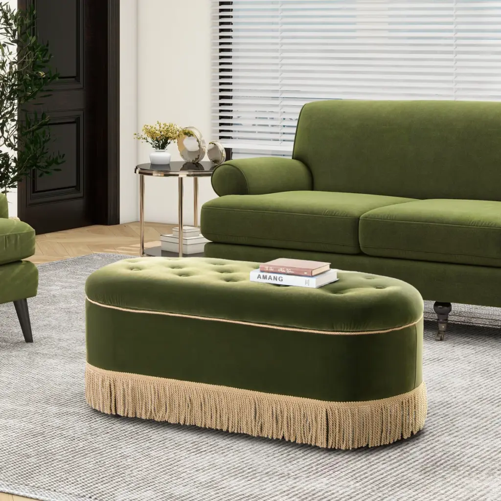 Bench reupholstered with decorative nailhead trim.