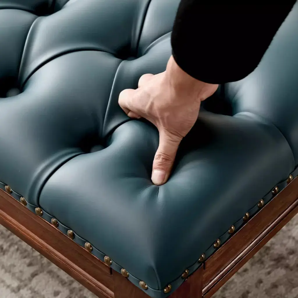 Closeup of bench upholstery with performance fabric.