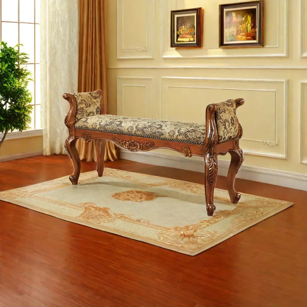 Detail shot of piping on a reupholstered bench.