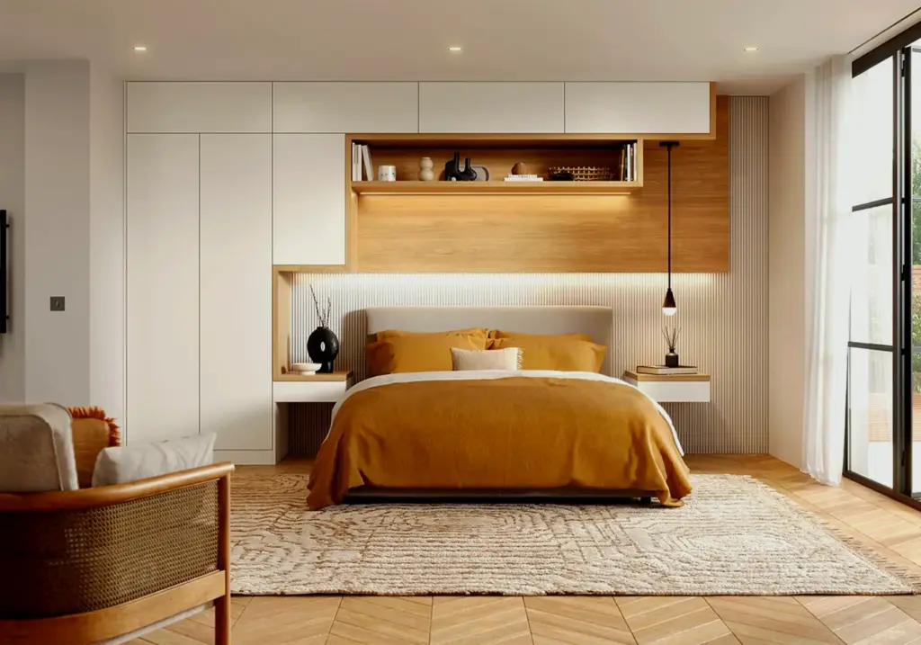 Bedroom with a wooden headboard and warm ambient lighting