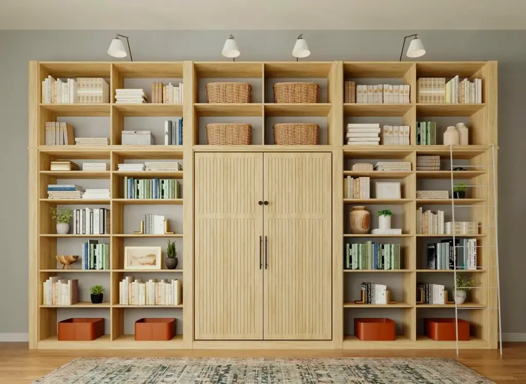 Large built‑in bookshelf with lower cabinets and decorative items