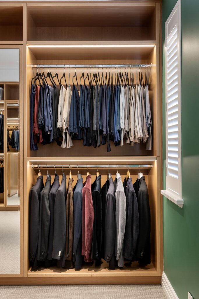 Wardrobe with hanging clothes and wooden shelving against a green wall.