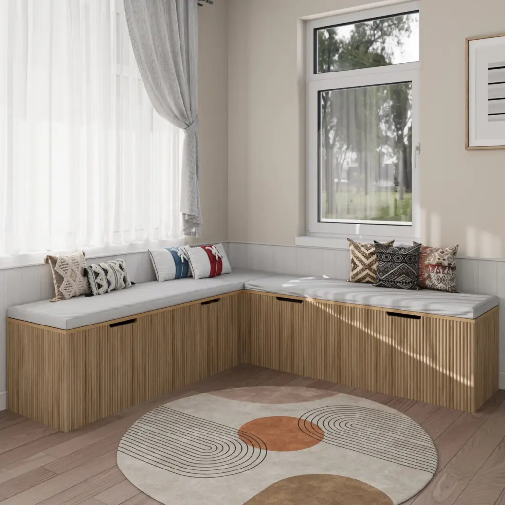 Built‑in window seat with cushions beneath a bright window