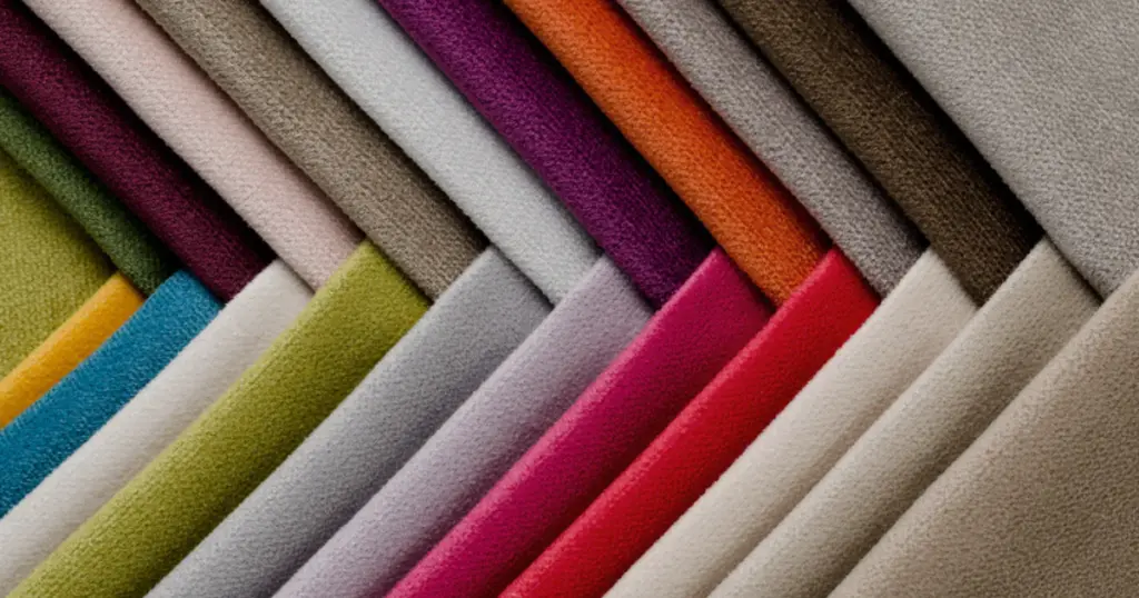 Stacked fabric samples in multiple colors including gray, green, pink, red, and orange.