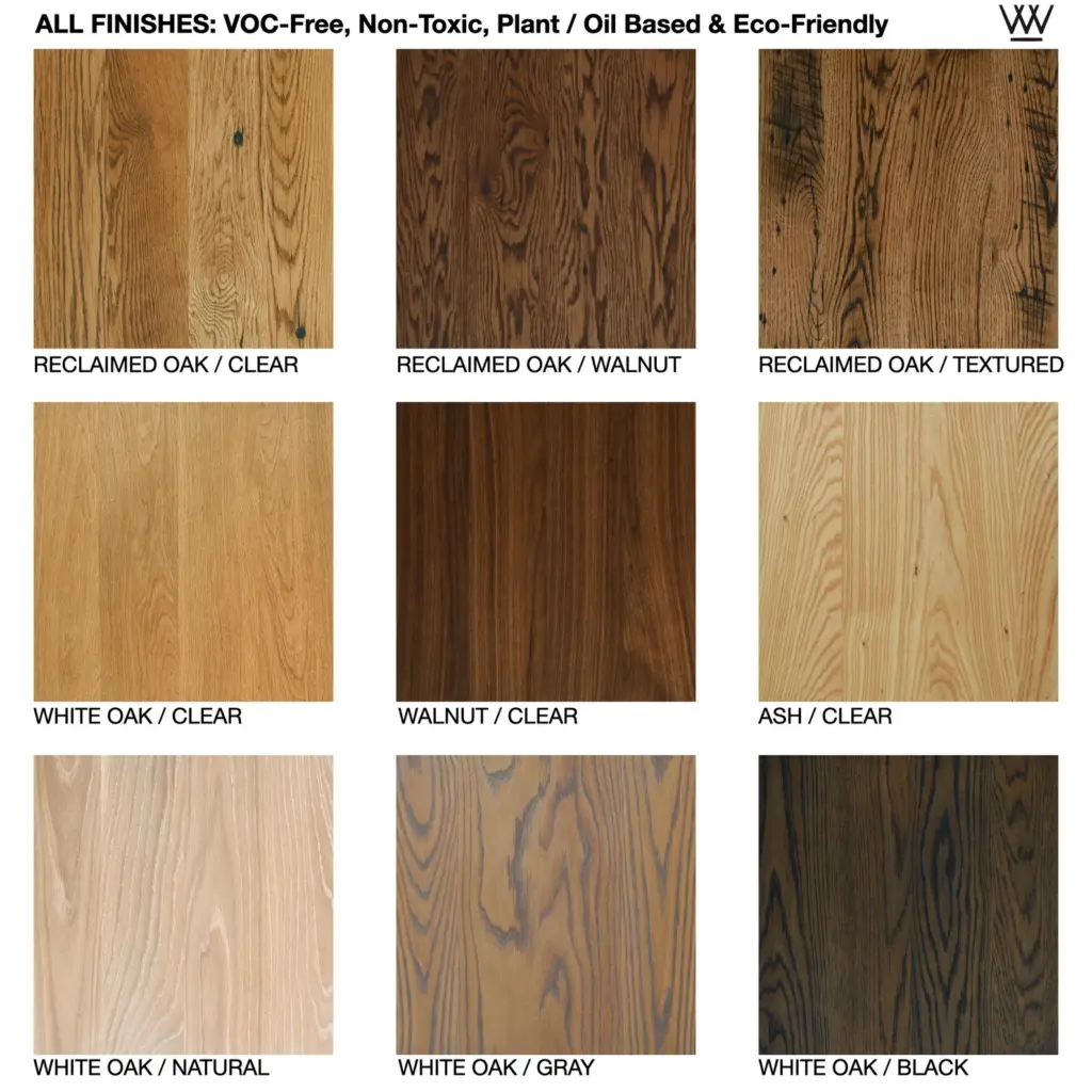 Grid of nine wood finish samples labeled reclaimed oak clear, reclaimed oak walnut, reclaimed oak textured, white oak clear, walnut clear, ash clear, white oak natural, white oak gray, and white oak black