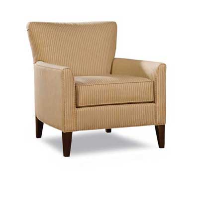Tan upholstered club chair with wooden legs against a plain background.