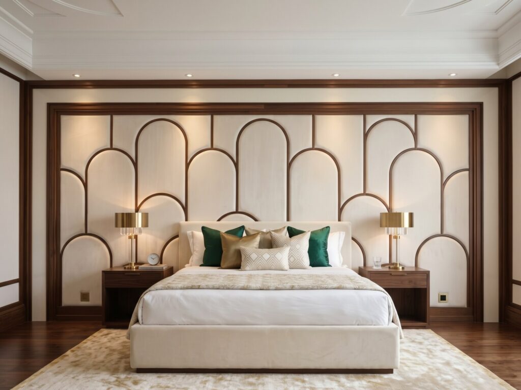 A decorative arched headboard wall with repeated curved patterns and wood trim behind a neatly made bed with white and beige bedding, green accent pillows, gold lamps, and a beige rug in a luxury bedroom.