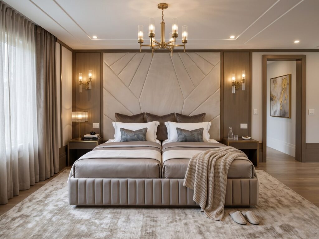 Custom cnc cut geometric wall panels upholstered in luxury fabric by first class mastercraft in fort lee nj