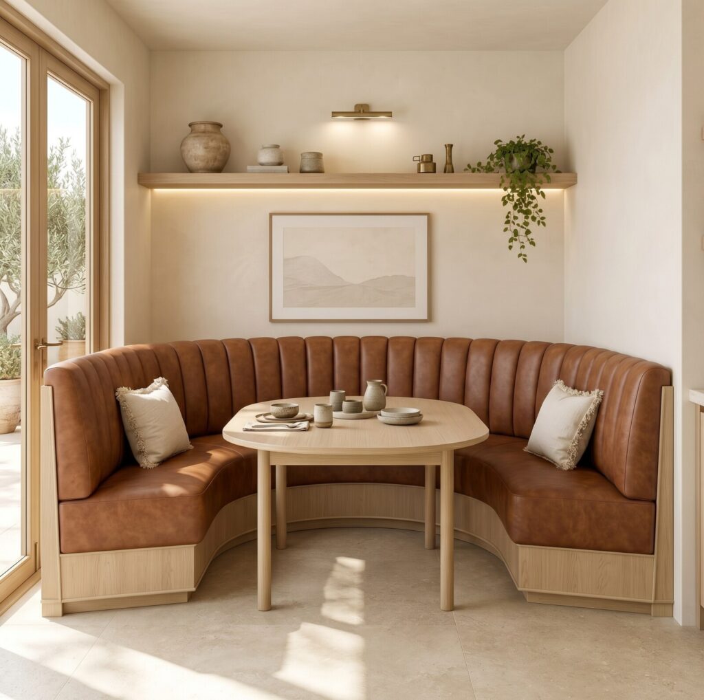 A spacious ushaped dining banquette featuring cognac leather upholstery in a dining room