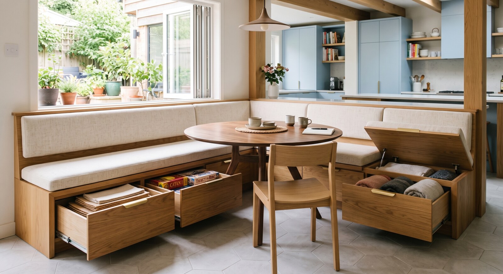 A rustic farmhousestyle storage banquette with neutral linen seat cushions and pillows