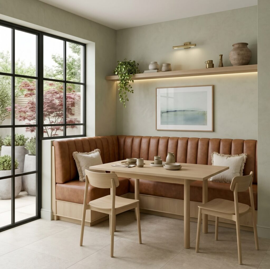 A contemporary lshaped channel back kitchen banquette upholstered in tan leather within a sunny window nook
