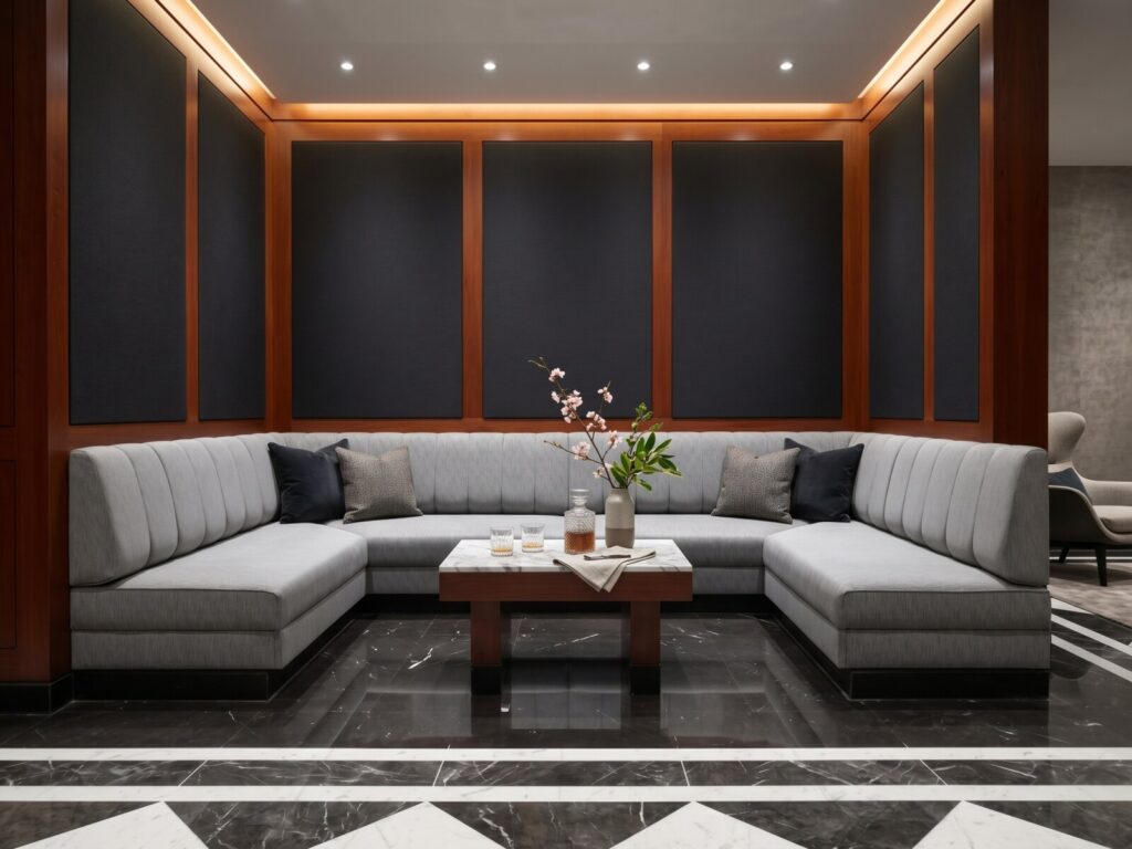 A large, ushaped commercial lounge banquette featuring custom grey fabric upholstery with vertical channel tufting, installed in a highend hospitality or office space with dark paneled walls, a marbletop table, and a geometric polished marble floor.