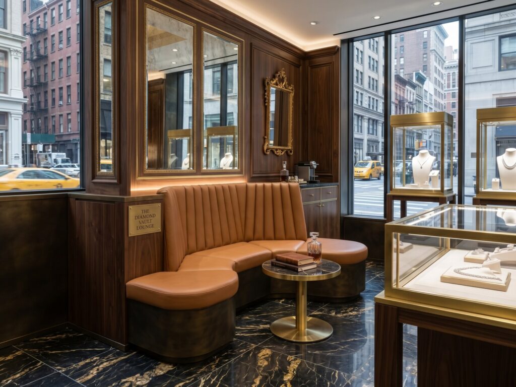 A custom curved tan leather banquette with vertical channel tufting installed in the lounge area of a luxury diamond store, surrounded by rich wood paneling, marble floors, and glass jewelry display cases
