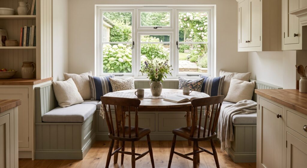 A cozy builtin ushaped sagegreen banquette with light gray cushions and assorted pillows in a kitchen dining nook. A round wooden table and two spindleback chairs are centered. Behind them, a large window overlooks a lush green garden with hydrangeas. Shakerstyle cream cabinets with wood countertops are on either side.