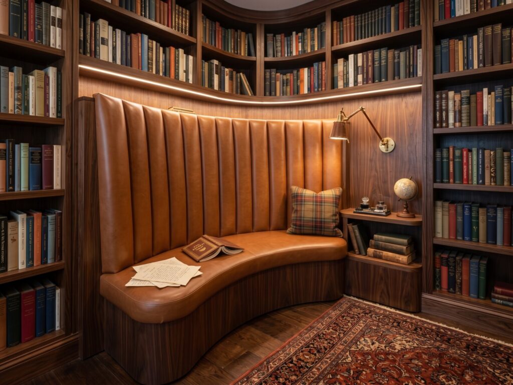 Custom curved leather library banquette with vertical channelback upholstery built into a walnut wood wall system.
