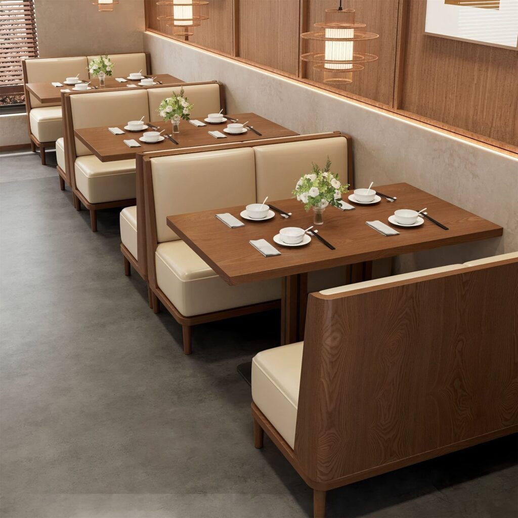 A row of commercial restaurant booths featuring woodpaneled backs, cream upholstery, and set wooden dining tables in a restaurant dining room.