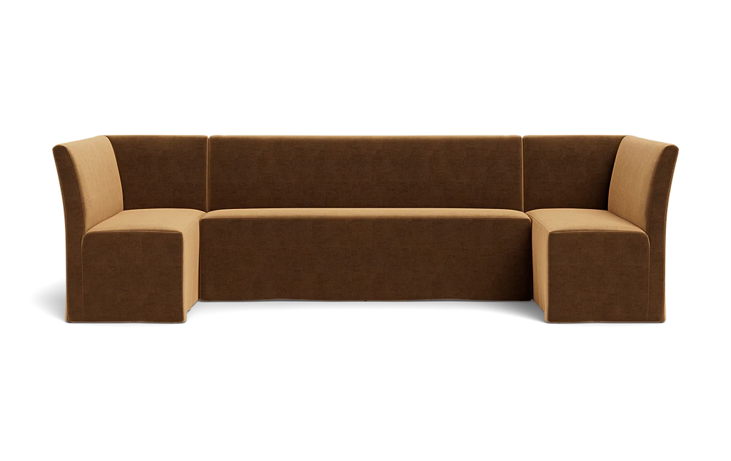 A ushaped modular banquette sofa featuring a twotone design with tan interior seating and a dark brown exterior, isolated on a white background.