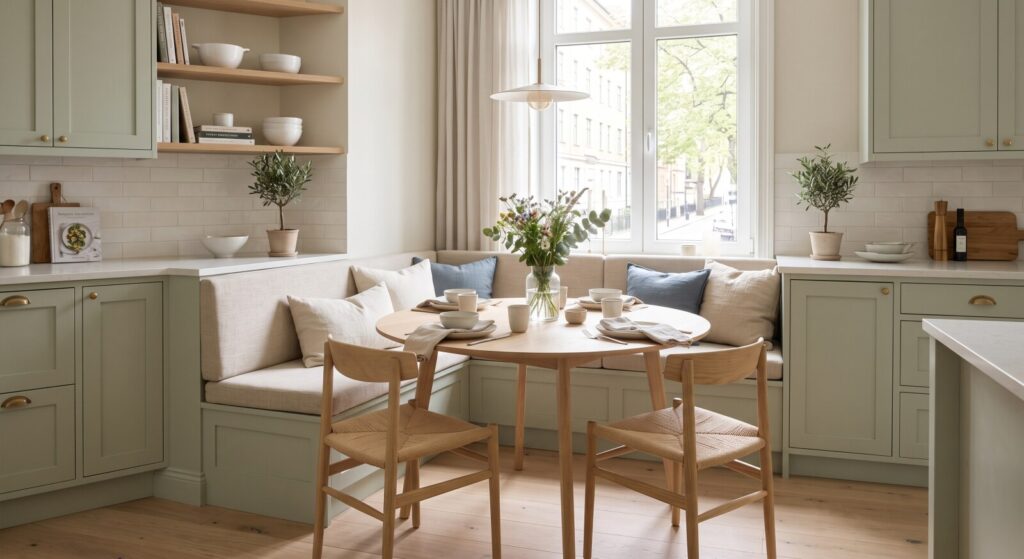 A custom lshaped upholstered banquette built into a soft sage green residential kitchen dining nook, featuring tailored neutral fabric cushions and integrated base cabinetry.