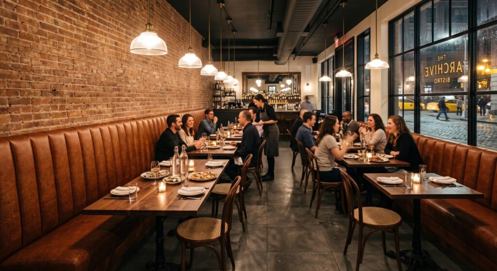A busy bistro dining room featuring long, custom brown leather channelback banquettes installed along both an exposed brick wall and a large window wall, accommodating numerous diners at wooden tables under glass pendant lighting.