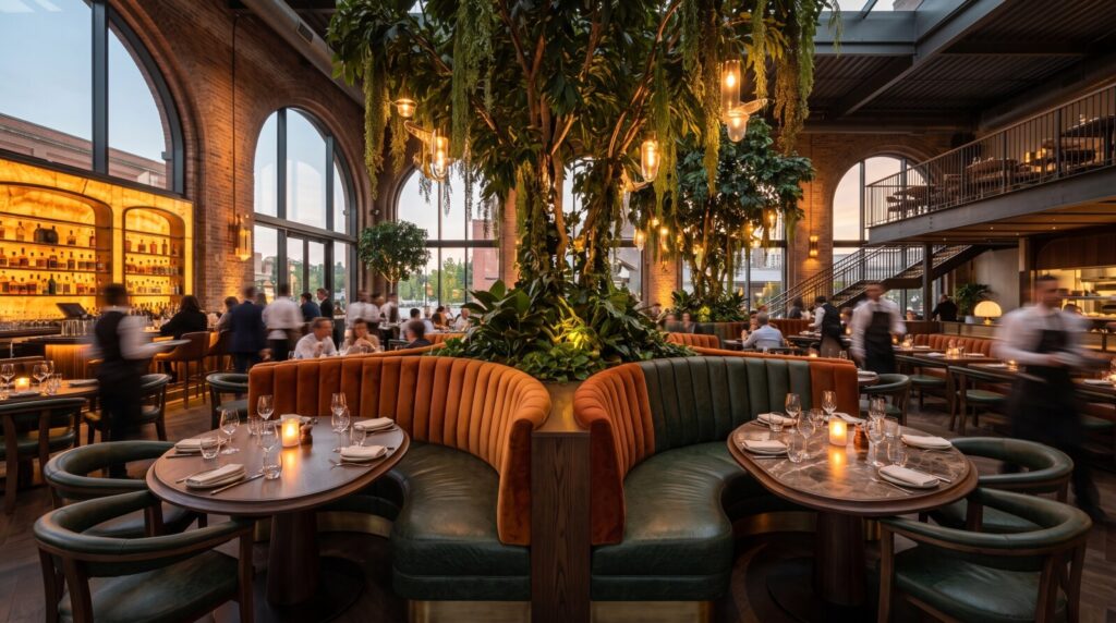 A grand, doublesided serpentine circular banquette in a bustling, highend restaurant, featuring verticalchannel tufted upholstery in rust and forest green backtoback around a giant indoor tree. The opulent, industrialstyle space is filled with diners, round marbletopped tables, and glowing warm lights under doubleheight arched windows.