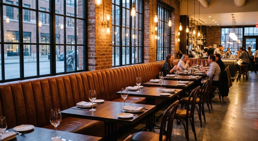 Custom commercial restaurant banquette seating with vertical channeltufted cognac leather along an exposed brick wall.